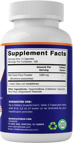 Miniatura 9 de Vitamatic - Arroz de levadura roja de 1200 mg por porción, 240 cápsulas vegetales, fabricado en los Estados Unidos, sin OMG y sin gluten