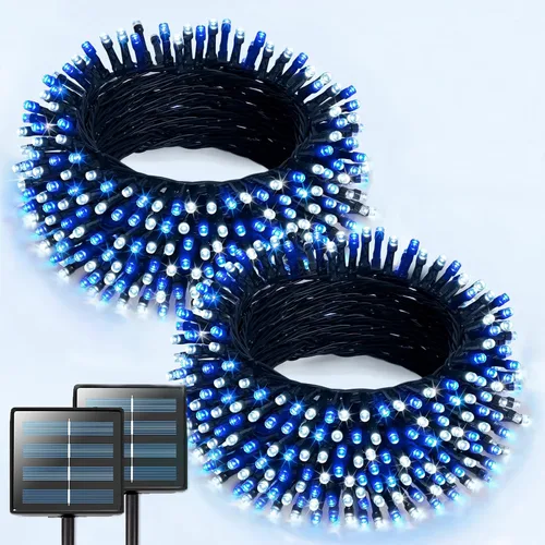 Miniatura 16 de JMEXSUSS 600 luces LED solares azules de Navidad, 206.7 pies, luces azules de Navidad al aire libre, impermeables, 8 modos de luz solar al aire