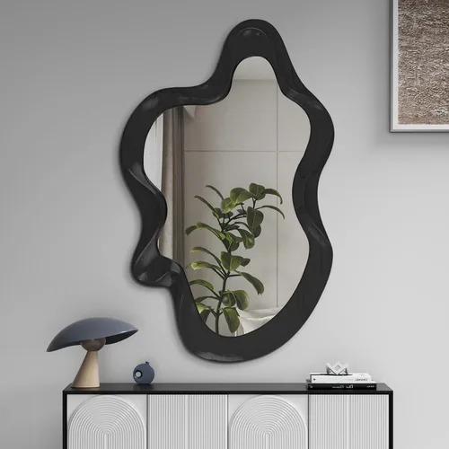 Miniatura 11 de Espejo de pared irregular de 30 x 14 pulgadas, espejo de pared con marco negro de madera asimétrico ondulado para sala de estar, dormitorio