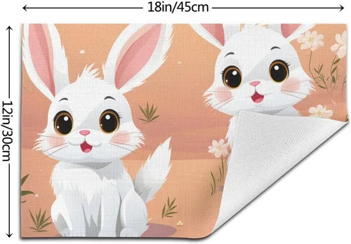 Miniatura 2 de 6 PCS PVC Placemats Set Place Mats Cute White Bunnies Non-Slip Weave Place Mats 12" x 18" Farmhouse Table Mat Set for Family Dinners Wedding Parties