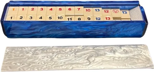 Miniatura 8 de Lucite Rumikub - Juego de azulejos, soportes y caja acrílica de almacenamiento incluidos (mármol azul/mármol blanco)