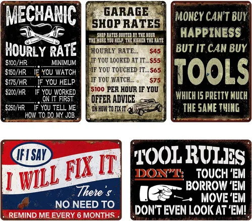 Paquete de 5 letreros de garaje para hombre, decoración de cueva de hombre para hombres, letreros de metal vintage divertidos para garaje, regalos