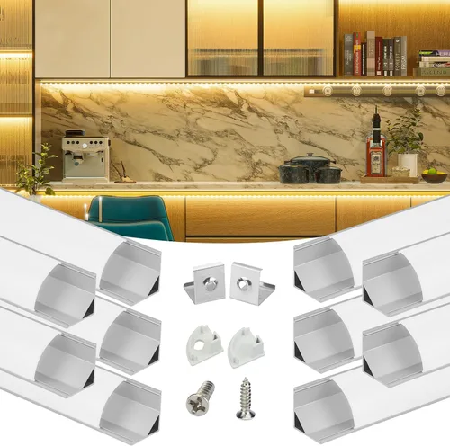 Muzata Paquete de 10 canales LED en forma de V de 6.6 pies/6.6 ft con canal LED de aluminio plateado con cubierta blanca lechosa iluminación de