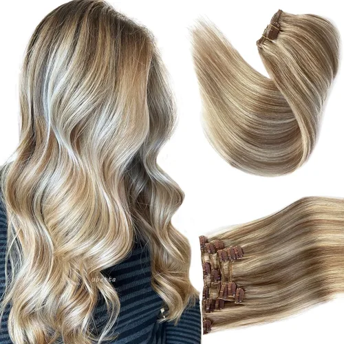 Miniatura 30 de Extensiones de cabello con clip sin costuras de cabello humano real, extensiones de cabello natural negro real con clip 7 piezas 100 g 36 cm