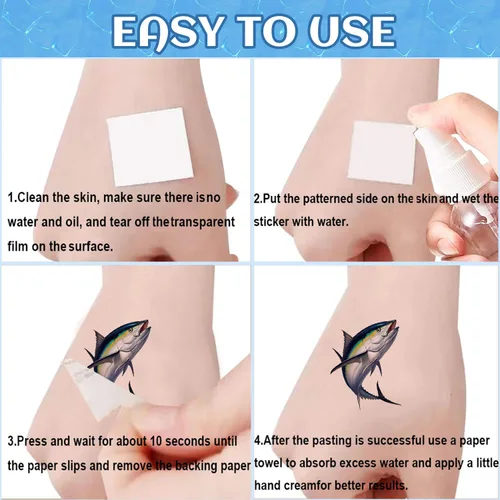 Miniatura 5 de 20 hojas (120 piezas) de tatuajes temporales de peces desaparecidos de pesca, recuerdo de fiesta para fiesta de cumpleaños, decoración de fiesta