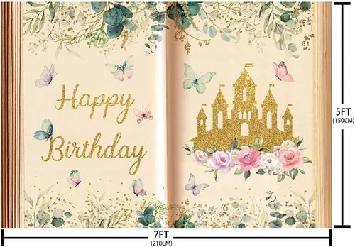 Miniatura 5 de AIBIIN Libros de cuentos de hadas de 7 x 5 pies, telón de fondo de feliz cumpleaños para niña, libro de apertura antigua, Once Upon a Time, castillo