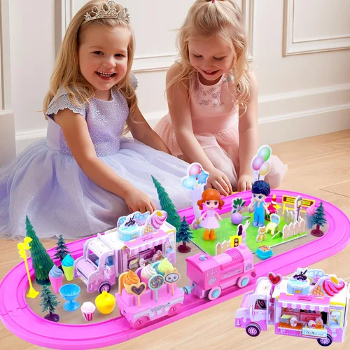 Miniatura 3 de Juegos de trenes clásicos rosados para niños pequeños, juguetes musicales de tren eléctrico con camión de helado de bricolaje, rompecabezas