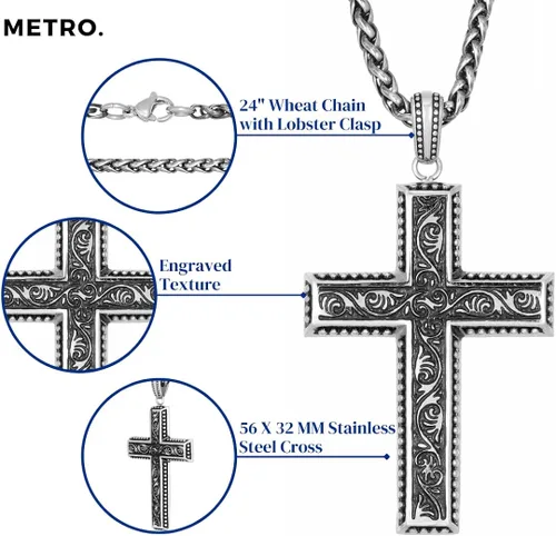 Miniatura 6 de Metro Jewelry Collar con colgante de cruz antigua para hombre en acero inoxidable, cadena de trigo de 24 pulgadas, 0.118in de ancho, Metal, No es