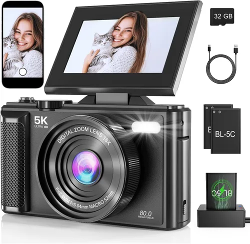Cámara digital 5K Vlogging para principiantes, cámara de viaje de 80 MP para fotografía con tarjeta de 32 GB, cámara compacta portátil con zoom de