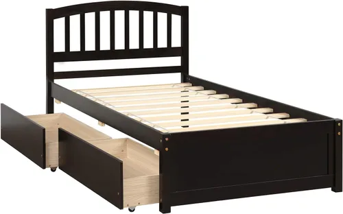 Harper & Bright Designs Cama de plataforma de madera con cajones, marco de cama de tamaño individual con cabecero, cama de almacenamiento con