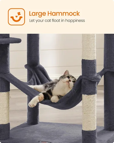 Miniatura 7 de Feandrea - Árbol para gatos de varios niveles para interiores, torre para gatos tipo condominio con 4 postes para rascar, 2 posaderos, hamaca y Gris