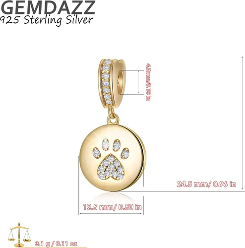 Miniatura 7 de GEMDAZZ Abalorios brillantes con estampado de pata de cachorro en plata de ley 925, cuentas redondas de circonita cúbica con estampado de pata