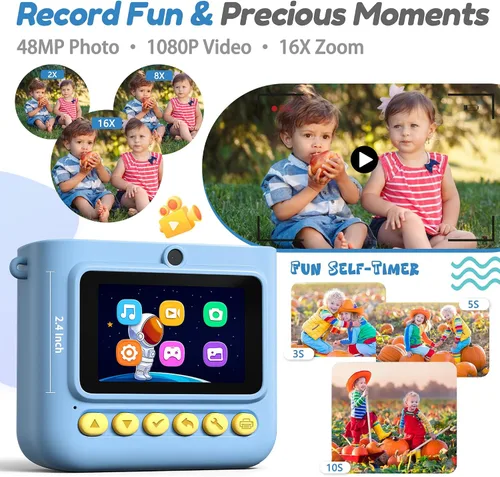 Miniatura 3 de Cámara de impresión instantánea para niños, cámara digital HD de 48 MP 1080P con impresión en color y B&W, tarjeta de 32 GB y 3 rollos de papel