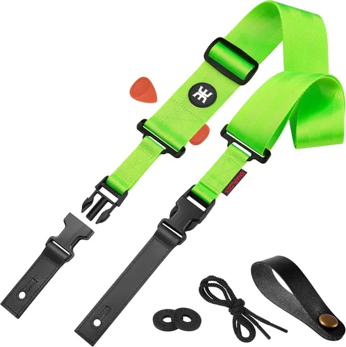Miniatura 20 de Amumu Correa de nailon SNAPLOCK para guitarra con hebilla de clip para acústico, eléctrico, bajo con bloques de correa y corbata de cabeza, Verde