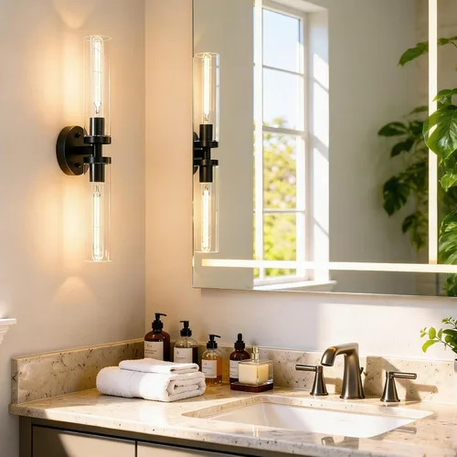 Miniatura 6 de Juego de 2 apliques de pared, lámparas de baño cableadas, iluminación de pared moderna para tocador de baño con pantalla de vidrio transparente