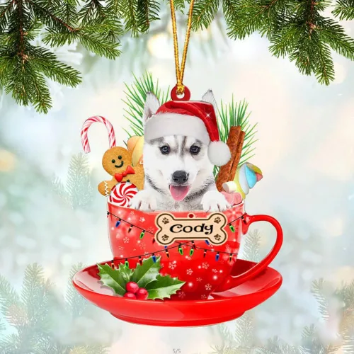 Miniatura 12 de NAZENTI Adorno personalizado de Alaskan Malamute en taza roja, adorno de Navidad personalizado para perros amantes de las mascotas, colgante