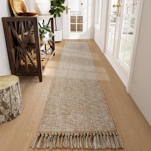 Miniatura 74 de Collive - Tapete de pasillo de cocina, 2 x 4.3 pies, tejido a mano, reversible, lavable, de algodón, color blanco/beige, para baño, pasillo