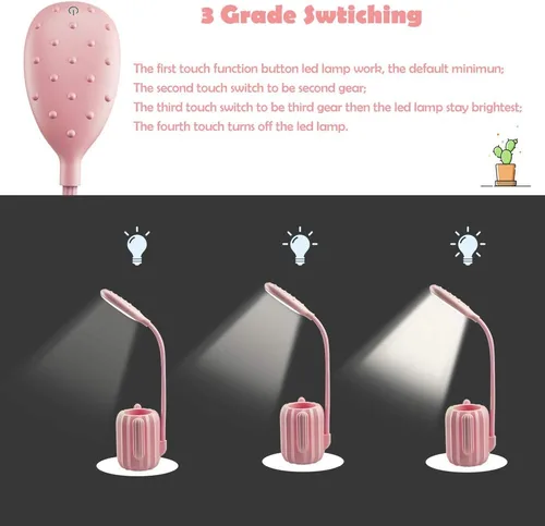 Miniatura 5 de Luz LED de escritorio de cactus, lámpara de protección ocular regulable + soporte para bolígrafo para lectura de estudio de oficina (rosa)