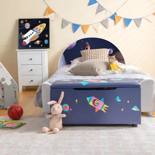 Miniatura 6 de HONEY JOY Caja de juguetes de madera para niños, baúl grande 2 en 1 de almacenamiento de juguetes con asiento acolchado acolchado, asas de Azul