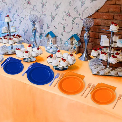 Miniatura 5 de Wiooffen 96 platos de fiesta de cumpleaños naranja y azul, servilletas, suministros de fiesta de guerra de dardos, vajilla desechable de papel