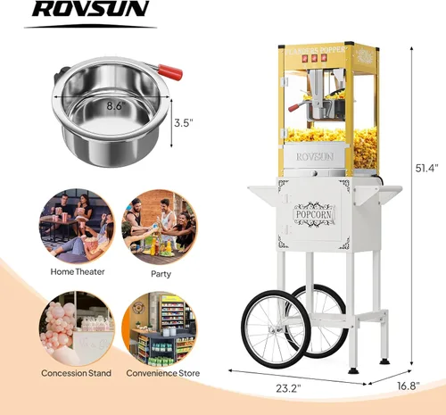Miniatura 7 de Máquina de palomitas de maíz ROVSUN con carrito, ruedas y hervidor de 8 oz, hace hasta 32 tazas, certificada ETL, máquina de palomitas de maíz