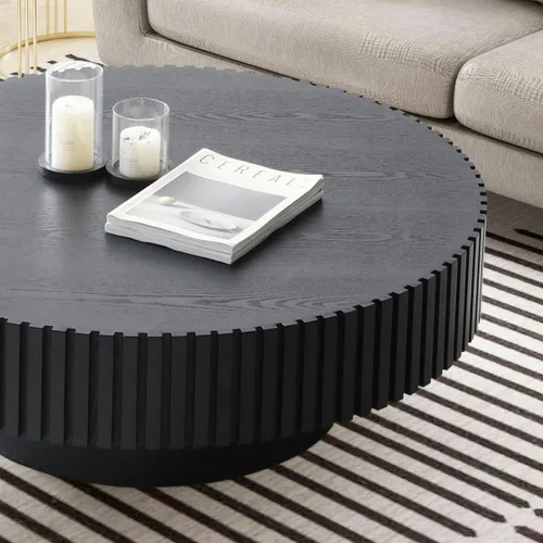 Miniatura 7 de KEVINSPACE Mesa de centro redonda de 35.43 pulgadas para sala de estar, pedestal de madera redonda, mesa de centro para sala, mesa de centro, Negro