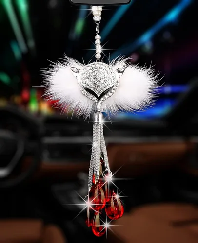 Miniatura 13 de Glamorosa decoración colgante de espejo de coche con cabeza de zorro azul oscuro, adorno de automóvil con temática animal para mujeres y hombres
