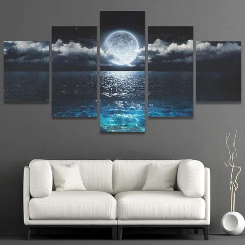 Miniatura 4 de SIGNWIN Lienzo grande para pared, luna de fantasía en mar transparente, ilustraciones abstractas, impresionismo, moderno, panorámico, relajante