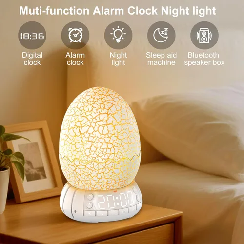 Miniatura 2 de Reloj despertador de huevo de dinosaurio mejorado/reloj digital con luz nocturna, temporizador de 20 sonidos relajantes ayuda a dormir/altavoz