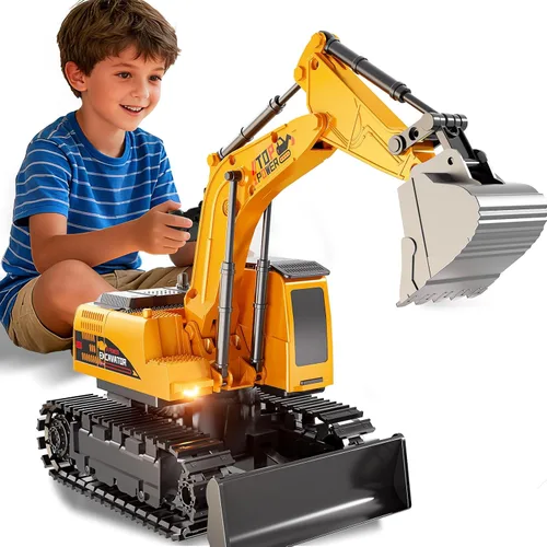 Excavadora de control remoto para niños de 4 a 7 años, excavadora RC para niños, camiones de construcción de 27 MHz, vehículos de juguetes para
