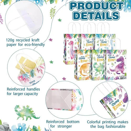 Miniatura 3 de Outus 24 bolsas de regalo de fiesta de dinosaurios, bolsas de regalo de fiesta de dinosaurio con asa para niñas y niños, temática de dinosaurios