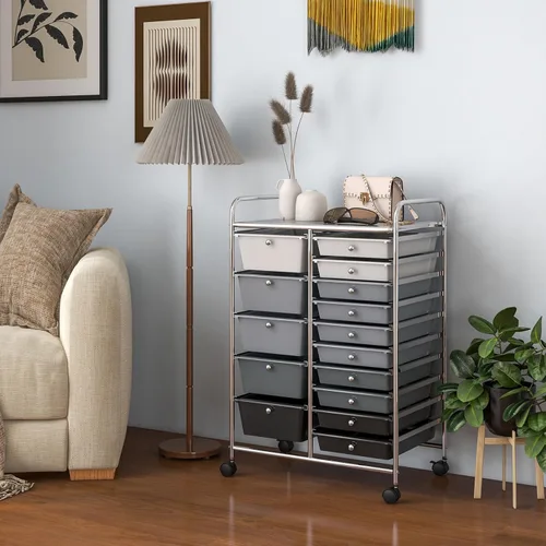 Miniatura 2 de Carrito de almacenamiento con ruedas de 15 cajones, carrito de almacenamiento móvil con ruedas bloqueables para manualidades, herramientas, Negro