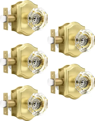 Miniatura 27 de Gobrico Paquete de 5 pomos de puerta de cristal de paso en latón antiguo para pasillo, armario, lavandería, forma octágono transparente, sin llave