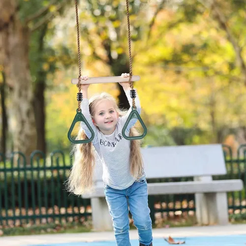 Miniatura 2 de HUAWELL Trapecio de madera con anillos de plástico para gimnasio, patio de juegos al aire libre e interior, juego de columpios 2 en 1, accesorios
