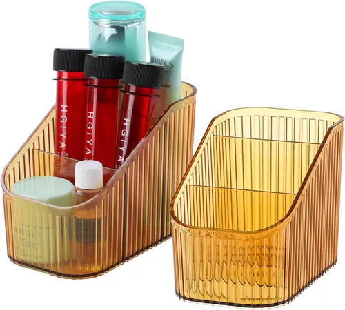Miniatura 15 de Organizador de brochas de maquillaje ámbar para tocador, organizador de encimera de baño, 5 tazas, almacenamiento y exhibición de artículos