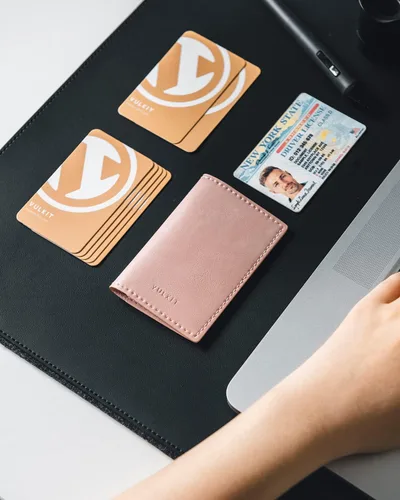 Miniatura 5 de VULKIT - Porta tarjetas de visita de cuero, organizador delgado de 2 lados para tarjetas de nombre de negocios para hombres o mujeres, Rosa