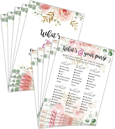 Juego de despedida de soltera – What In Your Purse Tarjetas de fiesta para boda – Decoración floral de fiesta de boda – Suministros y actividades de