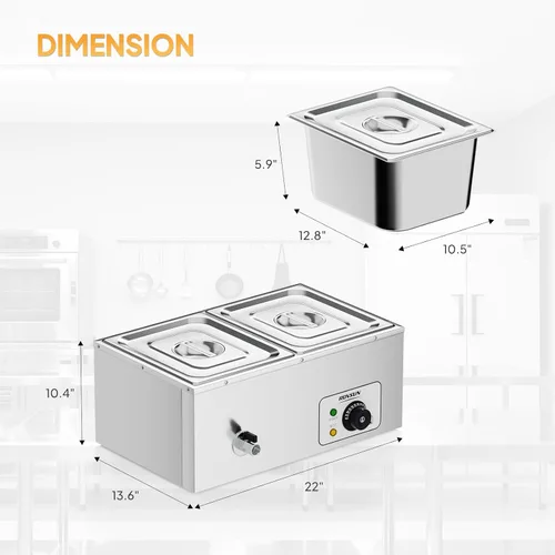 Miniatura 6 de ROVSUN Calentador eléctrico comercial de 21 cuartos de galón, encimera de mesa de vapor de 2 bandejas, 10.6 cuartos de galón de acero inoxidable