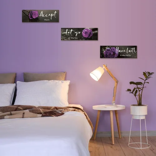 Miniatura 5 de ZINYAZHE 3 piezas de decoración de pared morada, decoración de baño morada, decoración de pared de rosa de madera con citas de aceptar dejar ir Rosa
