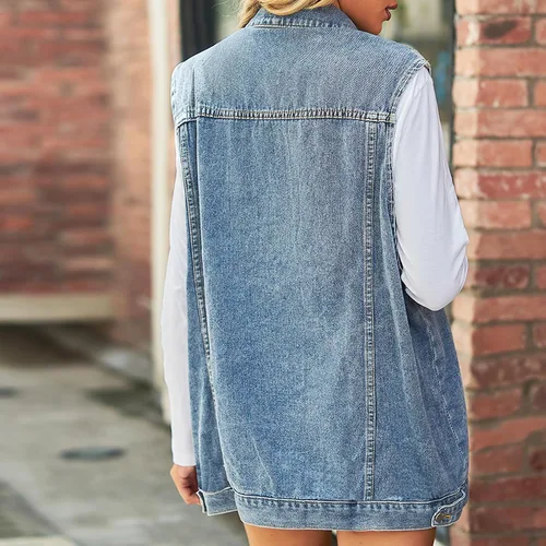 Miniatura 5 de Chaleco de mezclilla para mujer, de gran tamaño, casual, clásico, sin mangas, con botones, chaqueta vaquera