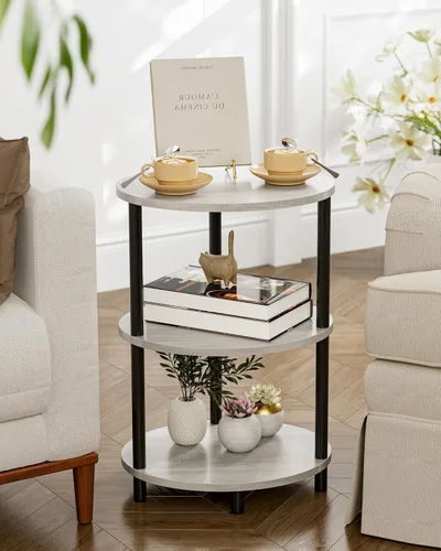 Miniatura 7 de Mesa auxiliar redonda con pedestal, mesa decorativa ovalada de 3 niveles para espacios pequeños, mesa auxiliar de sofá de madera rústica y metal
