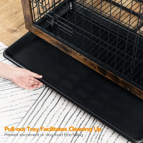 Miniatura 4 de HOOBRO Mueble de jaula para perros, perrera mediana de 32.5 pulgadas para interiores, jaula de madera con bandeja extraíble, mesa auxiliar lateral