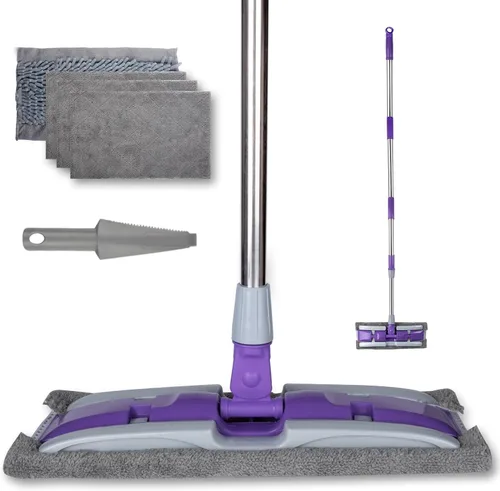 Trapeadores de microfibra para limpieza de suelos, trapeador plano en seco y húmedo con mango telescópico de acero inoxidable, 4 almohadillas Morado