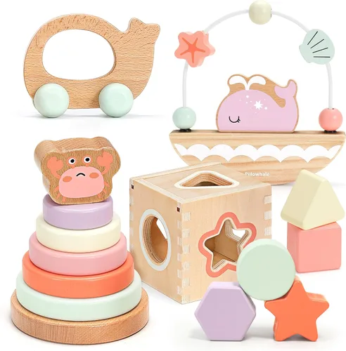 Pillowhale Juego de juguetes de madera sensorial y educativo para niños pequeños de 1 a 3 años - Anillos para apilar, clasificador de formas, coche