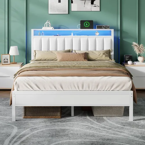 Miniatura 14 de Furnulem - Base de cama tamaño Queen con estación de carga y luces LED, cama de plataforma con listones de metal, cabecera tapizada gris con Roble