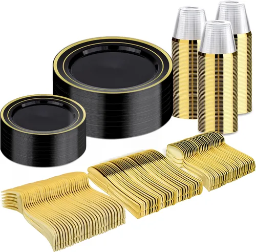 BESTVIP Juego de vajilla de 300 piezas de oro negro para 50 invitados, platos de plástico para fiesta de Halloween y Navidad, 50 platos desechables,