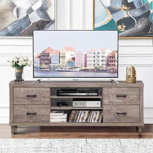 Miniatura 3 de Tangkula Soporte de TV de granja, soporte universal de madera retro para televisores de pantalla plana de hasta 65 pulgadas, 4 cajones y 3 estantes