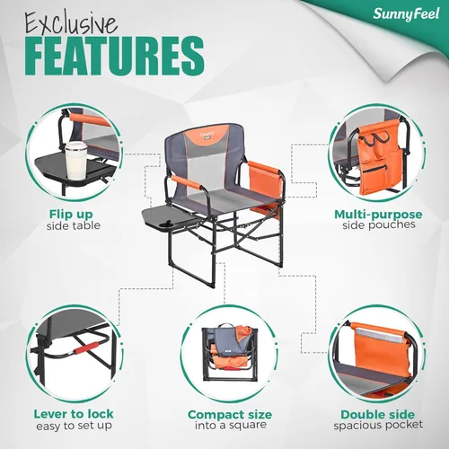 Miniatura 6 de SUNNYFEEL Silla de directores de camping, resistente, silla plegable portátil de gran tamaño con mesa auxiliar, bolsillo para playa, pesca, viaje