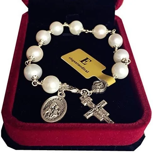 Miniatura 2 de elegantmedical HECHO A MANO Alambre De Plata Envoltura Perla ROSARIO PULSERA CRUZ CATÓLICA, Cobre