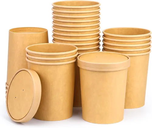 Miniatura 19 de Paquete de 25 recipientes de sopa de 8 onzas con tapas, taza de sopa de papel desechable, recipientes de papel para alimentos con tapas, recipiente